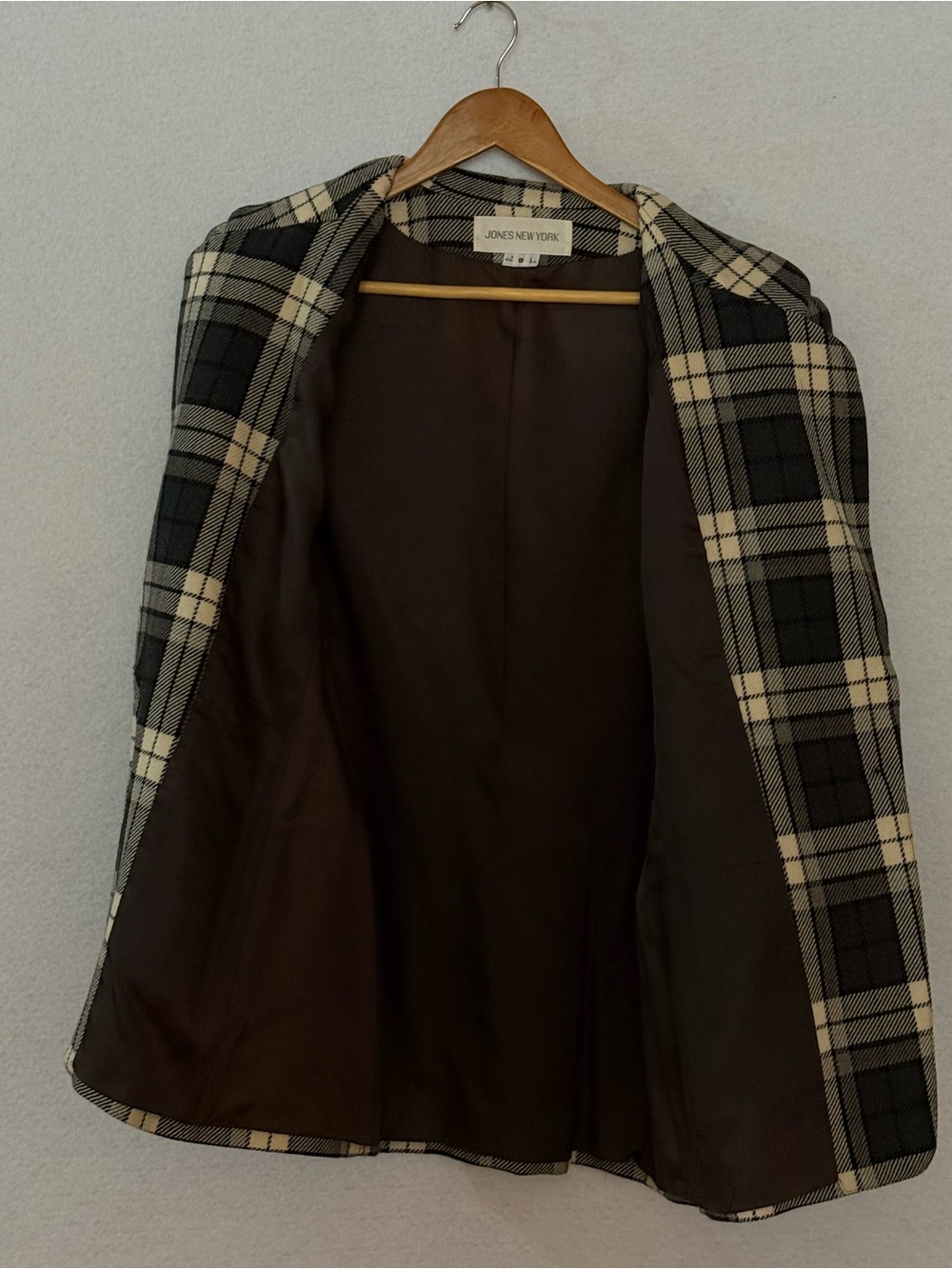 Jones New York Plaid Blazer Jacket Size 8 Black Cream 100% Pure Wool Heritage - Picture 11 of 14